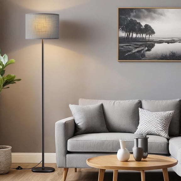 60'' Modern Floor Lamp with Shade, Tall Lamps for Living Room, Bedroom, Office, Dining Room, Beige Shade with Brown Pole(Without Bulb)