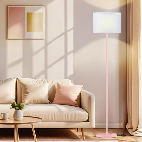 60'' Modern Floor Lamp with Shade, Tall Lamps for Living Room, Bedroom, Office, Dining Room, White Shade with Pink Pole(Without Bulb)
