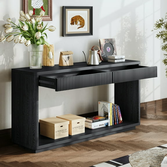 60" Modern Fluted Console Table with 2-Drawer, Sofa Table Behind Couch with Solid Wood Veneer, Entryway Table for Living Room Hallway Entrance, Black
