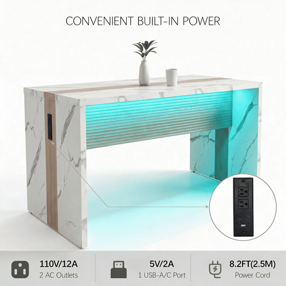 35.8" Tall Modern LED Rectangle Dining Table with Marble-Look Top, 4 Seater Kitchen Island Table with Lights for Home Kitchen Office