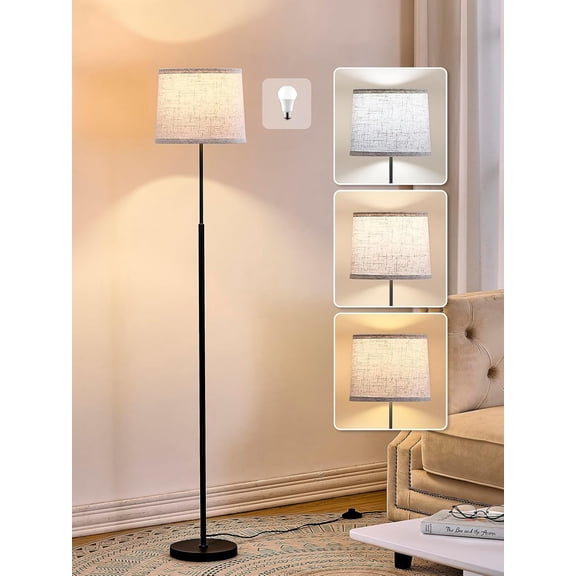 60" Modern for Living Room Bedroom, Standing Lamp with Oatmeal Linen Lampshade, Tall Lamp with A19 9W 3 Color Temperature Bulb, Foot Switch Control, Black