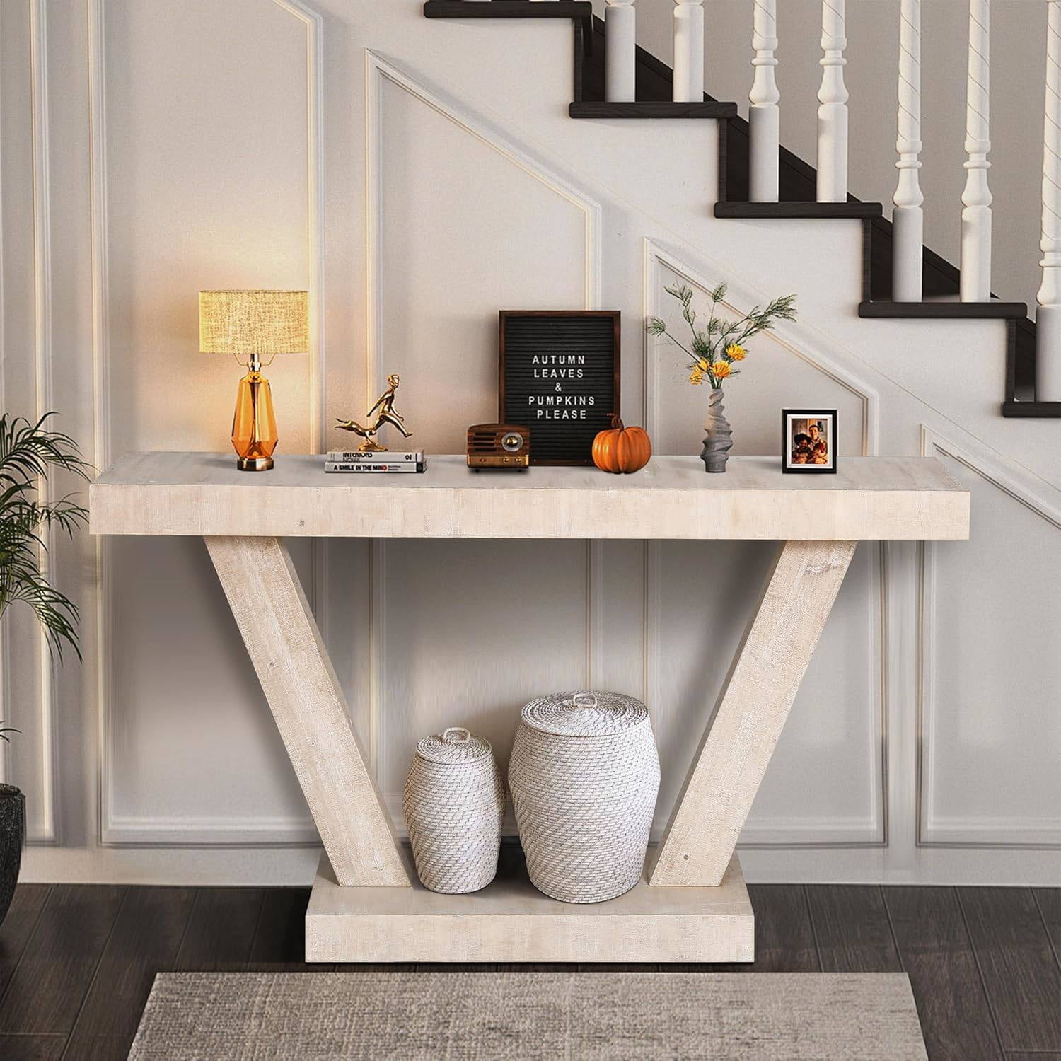 60" Modern Minimalist Wood Console Table with Trapezoidal Base, 2-Tier ...