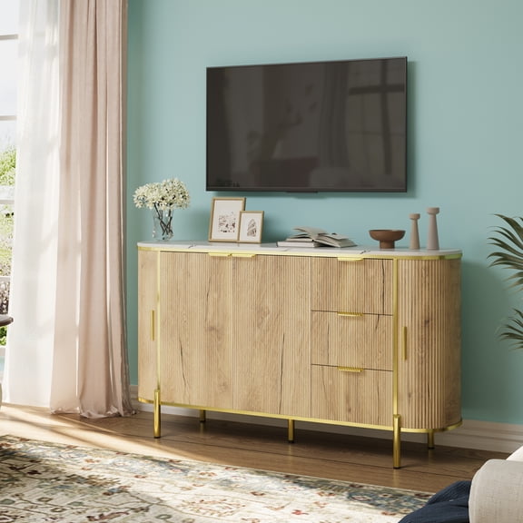 60" Modern Sideboard Buffet Cabinet with Fluted Doors & Drawers - Luxury Credenza with Gold Metal Legs - Large Storage Console Table for Dining Room & Living Room - Navy Blue / Oak