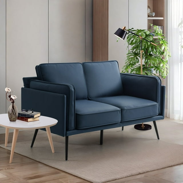 60" Modern Sofa Mid-Century ,Faux Leather Loveseat Small Couch for Small Space,Easy to install, Blue