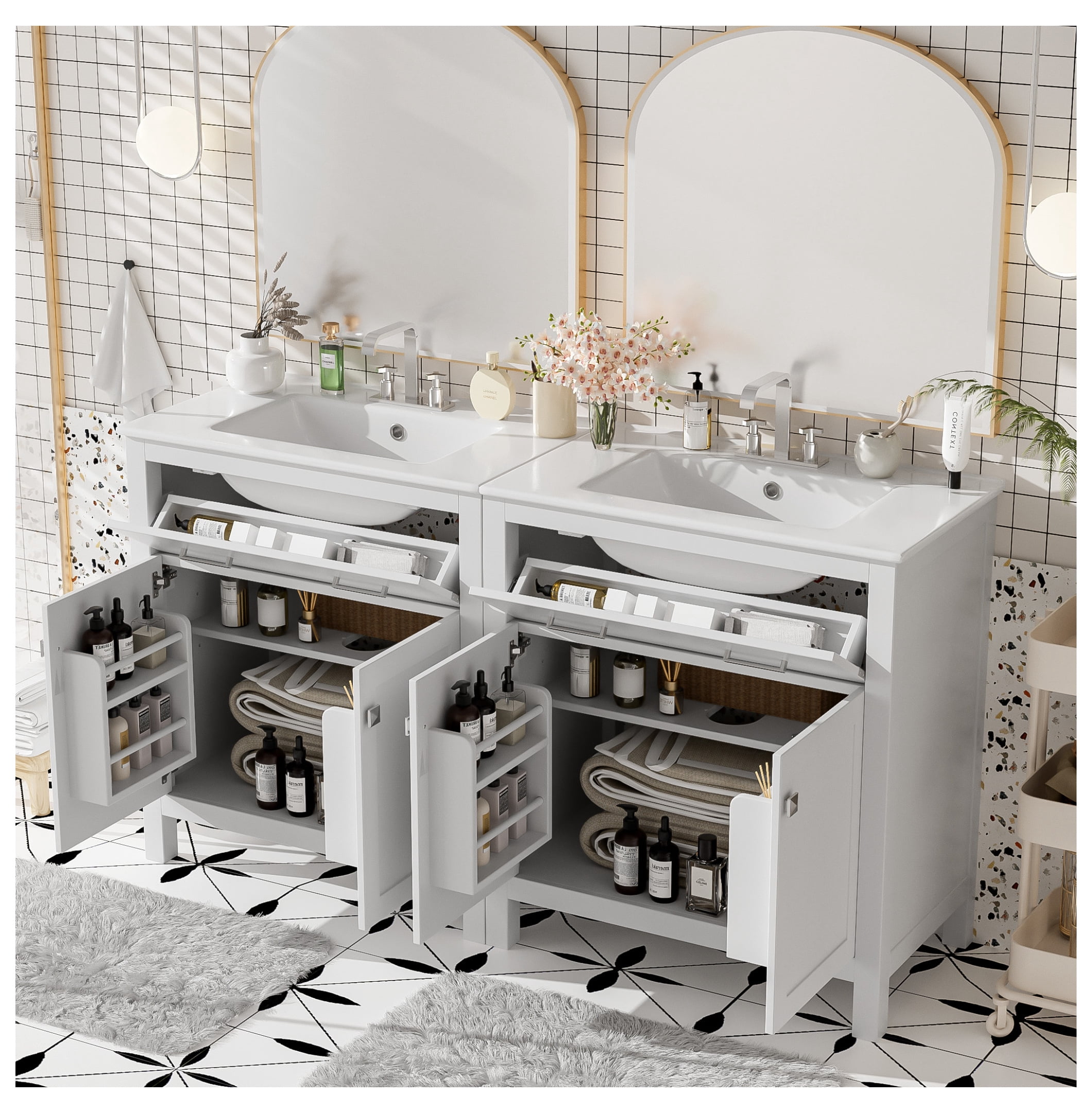 60" Modern White Bathroom Vanity Set with Double Vanities (Separate ...
