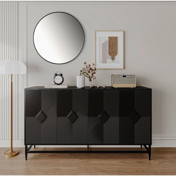 60" Monden Accent Cabinet with 3D Striped Decoration 4 Doors & Metal Legs, Sideboard Buffet Cabinet, Wood Modular Console Table for Dining Room, Entryway, Hallway (Matte Black)