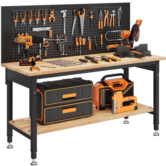 60" Multifunctional Heavy Duty Workbench for Garage with Pegboard,2000LBS Load,Adjustable Height,LED Light,Rubberwood Tabletop