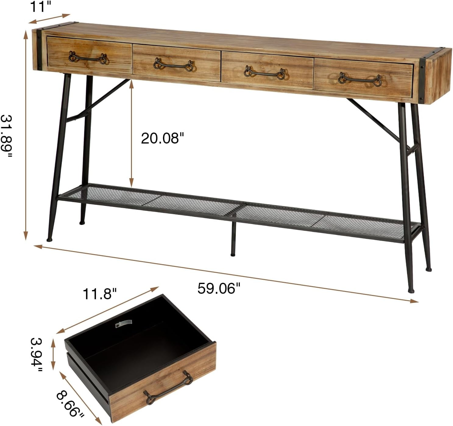 60" Narrow Industrial Console Table with 4 Drawers, Console Sofa Table ...