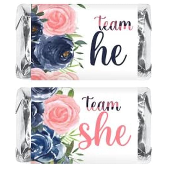 60 Navy And Blush Team She Team He Mini Candy Bar Wrapper, Miniatures Candy Bar Stickers, Gender Reveal Pink and Blue Decorations, Party Favors, Made in USA,