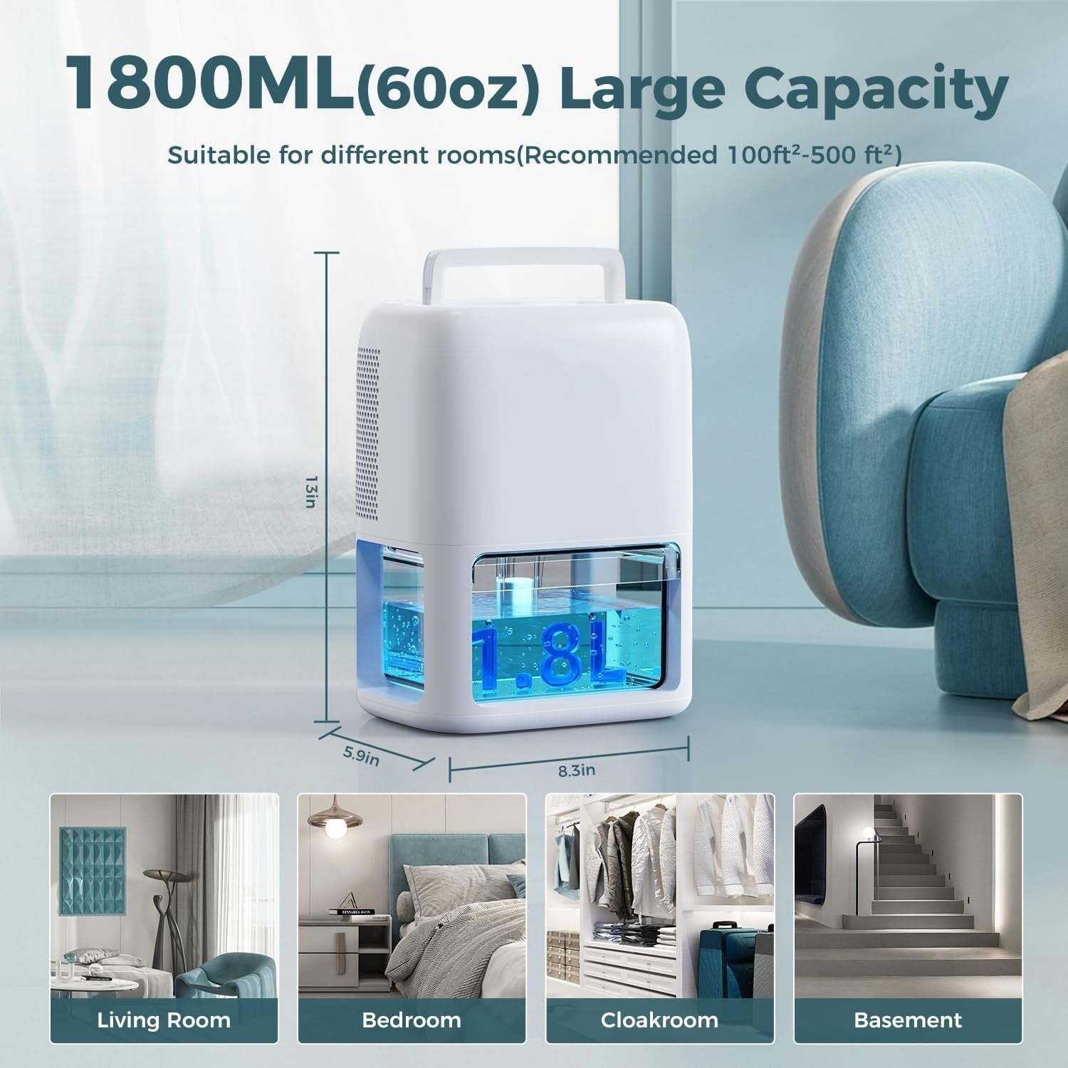 60 OZ Dehumidifiers for Home, Dual-Semiconductor Quiet Dehumidifier with Timer Sleep Mode Auto-Off 7 Colors Light Portable Small Dehumidifiers for Bathroom, Cloakroom, RV