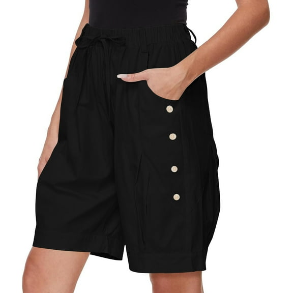 Up To 60% Off!Chaoheng Short for Women Summer Womens High Waisted Solid Color Shorts with Loose Drawstring and Quarter Waist Pocket Wide Leg Shorts,Black-2 XXL