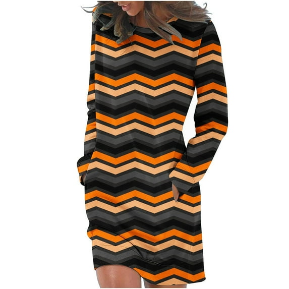 Up to 60% Off! Dress pstuiky Dresses for Women, Women Printed Hoodie Dress Long Sleeve Crew Neck Dress Knee Length Dress Oversized Sweatshirt Jumper with Pockets Leisure Orange M