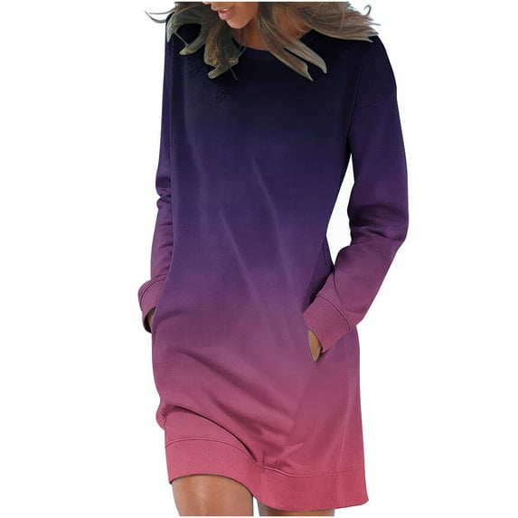 Dress pstuiky Dresses for Women, Women Printed Hoodie Dress Long Sleeve Crew Neck Dress Knee Length Dress Oversized Sweatshirt Jumper with Pockets Leisure Purple M