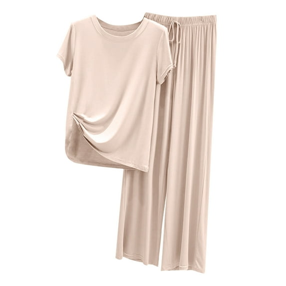 Pajamas pstuiky Pajamas for Women Set, Women Solid Color Round Neck Short Sleeve Top and Elastic Waist Trousers Pajamas Set Home Wear Set Leisure Beige L