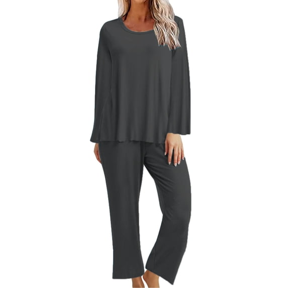 pstuiky Pajamas for Women Set, Womens Pajamas Set Solid Color Round Neck Long Sleeve Top + Elastic Waist Trousers Two Sets of Large Size Home Wear Dark Gray L