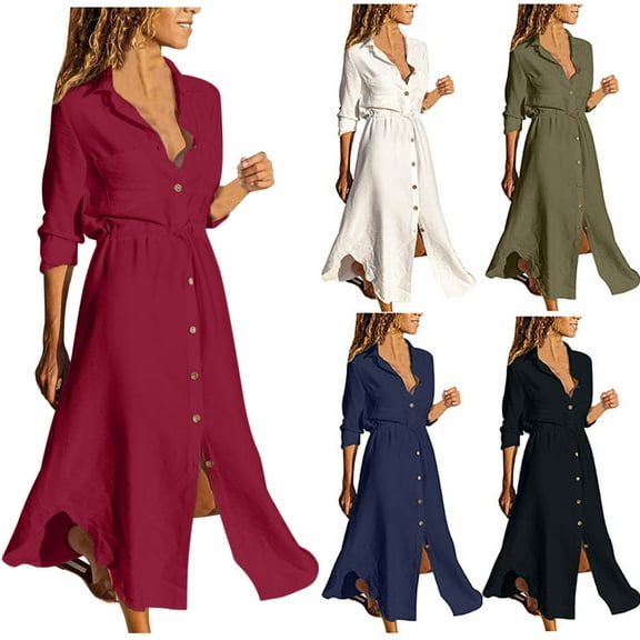 pstuiky Dresses for Women , Cotton and Linen Shirt Dress Solid Color Half Sleeve Collared Sundresses High Waist Calf Length Dresses Drawstring Vacation Dresses for Women Honeymoon