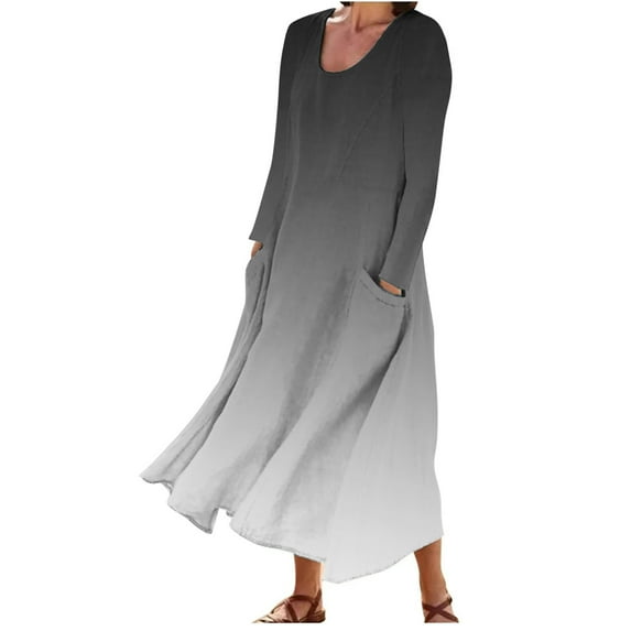 pstuiky Dresses for Women, Women Cotton and Linen Dress Long Sleeve Crew Neck Dress Printed Dress and Ankle Dress Casual Holiday Dress with Pockets Leisure Gray XXL