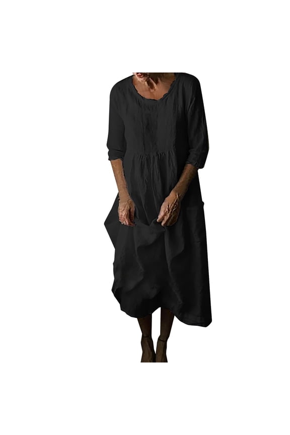 Dresses for Women, Women Solid Color Cotton Linen Dress Long Sleeve Crew Neck Dress Casual Holiday Dress with Pockets Leisure Black S