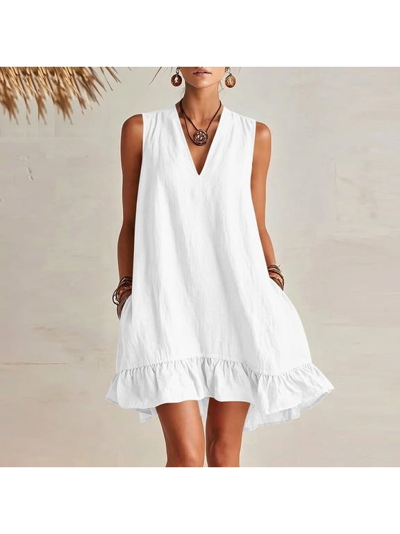 Womens Sundress Summer Cotton and Linen V Neck Sleeveless Shift Mini Dress Summer Casual Ruffle Hem Sundress with Pockets Breathable Lightweight