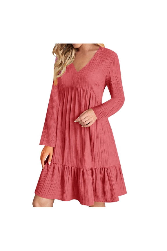 Dresses for Women, Women Solid Color Pleated Dress Loose High Waist Dress Long Sleeve V-Neck Dress Knee-Length Dress Leisure Red S