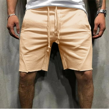 pstuiky Mens Shorts, Men Elastic-Waist Drawstring Shorts Loose Straight Leg Edge Shorts Beach Medium Shorts Sports Quarter Pants Leisure Khaki M