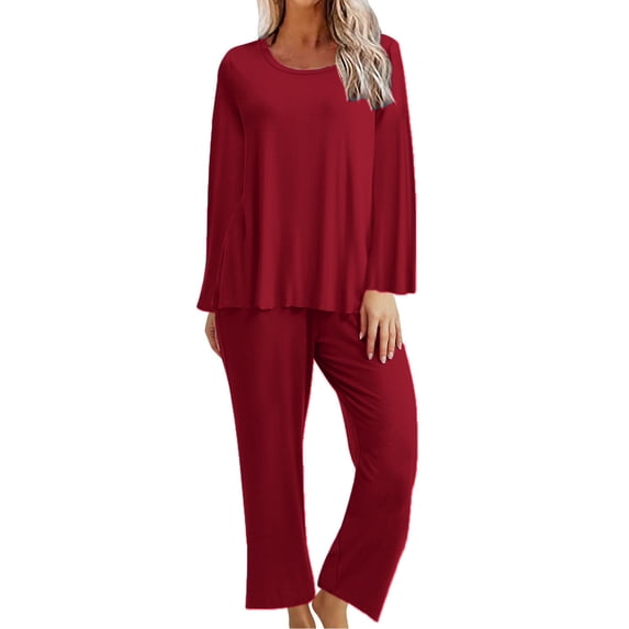 pstuiky Pajamas for Women Set, Womens Pajamas Set Solid Color Round Neck Long Sleeve Top + Elastic Waist Trousers Two Sets of Large Size Home Wear Leisure Red XL