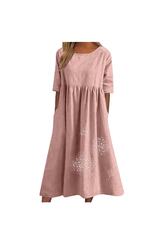 Plus Size Summer Dresses, Women's Round Neck Short Sleeved Dress Solid Color Cotton Casual Pocket Short Sleeve Dress Pink XXXL #1