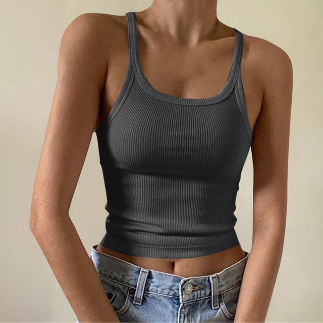 pstuiky Tank Top Women, Women Fitted Camisole Top Round Neck Solid Color Sleeveless Tank for Casual Outfits or Layering Lightweight Stretch Fabric Summer Essential Dark Gray M