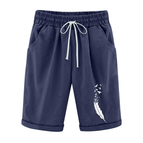 pstuiky Shorts for Women, Women's Summer Leasure Women's Printed Elastic Waist Button Zipper Shorts Slim Pocket Shorts Lightweight Shorts Dark Blue XXXL