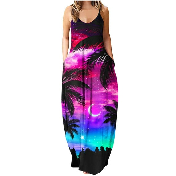 Up to 60% Off! pstuiky Summer Dress, Women Sleeveless V-Neck Suspender Dress Printed Dress Floor-Length Dress Loose Leisure Dress on Sale Multicolor M