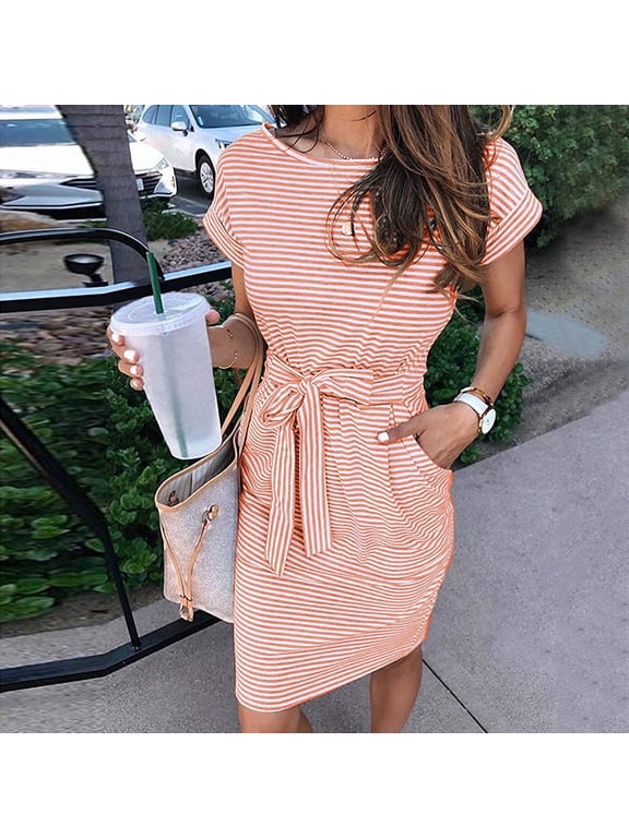 Summer Dresses for Women , Shirt Dress Striped Short Sleeve Crew Neck Sundresses High Waist with Pockets Knee Length Dresses Homecoming Dresses Prom Homecoming Orange M