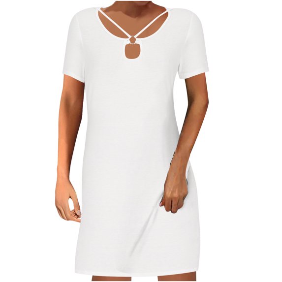Up to 60% Off! pstuiky Summer Dresses , Women Short-Sleeved Crew Neck Dress Casual Printed T-Shirt Dress Knee-Length Holiday Dress Leisure Sales Today Clearance White XL