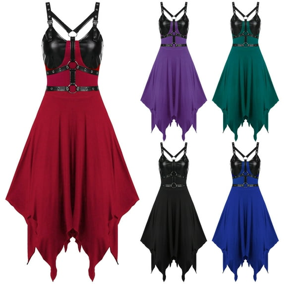 pstuiky Summer Dresses , Women Sleeveless, Off-the-Shoulder Midi Gothic Punk Dress Strap Knee-Length Dress Leisure Black L