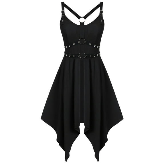 pstuiky Summer Dresses , Women Sleeveless, Off-the-Shoulder Midi Gothic Punk Dress Strap Knee-Length Dress Leisure Black L