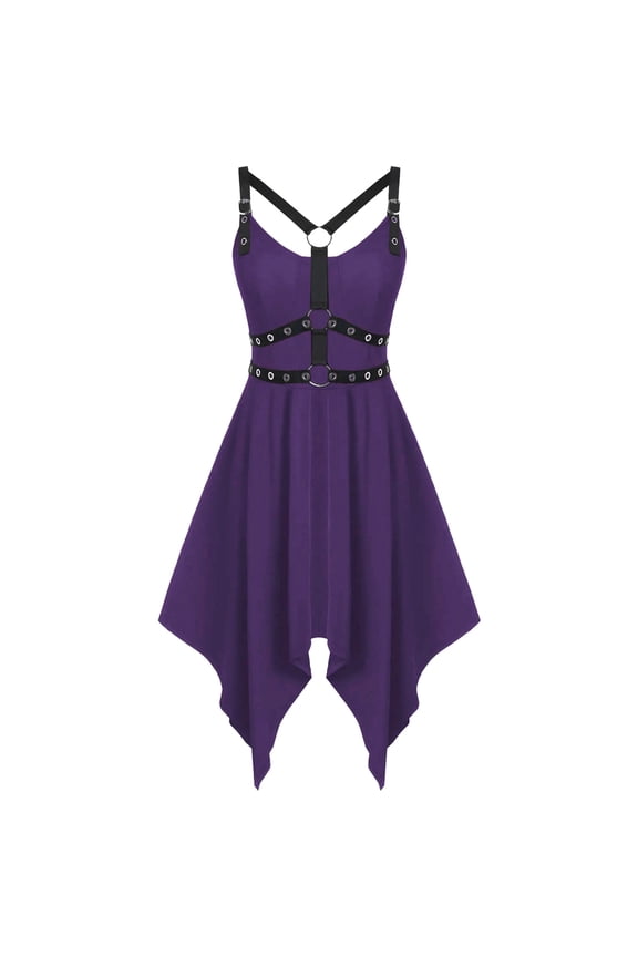 Summer Dresses , Women Sleeveless, Off-the-Shoulder Midi Gothic Punk Dress Strap Knee-Length Dress Leisure Purple S