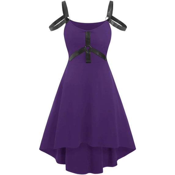 pstuiky Summer Dresses , Women Sleeveless, Off-the-Shoulder Midi Gothic Punk Dress Strap Knee-Length Dress Leisure Purple S