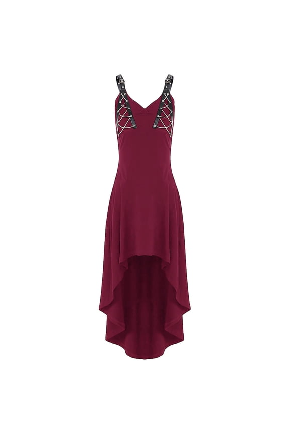 Summer Dresses , Women Sleeveless, Off-the-Shoulder Midi Gothic Punk Dress Strap Knee-Length Dress Leisure Red L