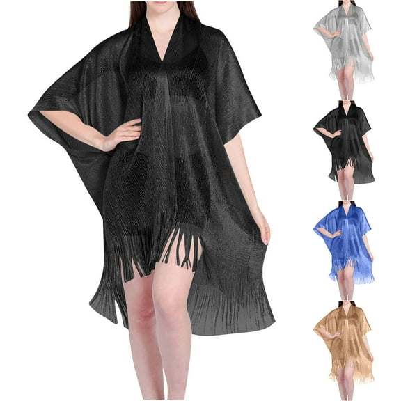 pstuiky Beach Cover up for Women, Ladies Long Sleeve V Neck Printed Dress Sun Protection Beach Cover Up Resort Vacation Casual Elegant Style with Slit Detail Black