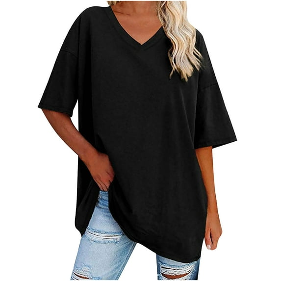 pstuiky T-Shirts Shirts for Women, Women Top Cotton Belted Short Sleeve V-Neck Top Solid Color Loose Half Sleeve T-Shirt Summer Top Leisure Black L