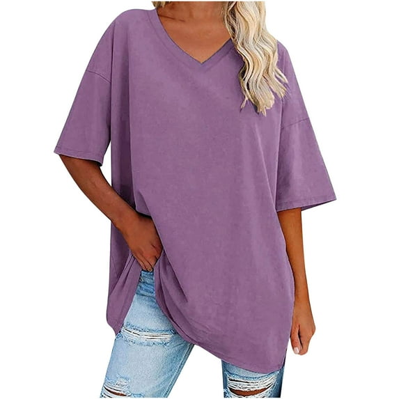 pstuiky T-Shirts Shirts for Women, Women Top Cotton Belted Short Sleeve V-Neck Top Solid Color Loose Half Sleeve T-Shirt Summer Top Leisure Purple XL