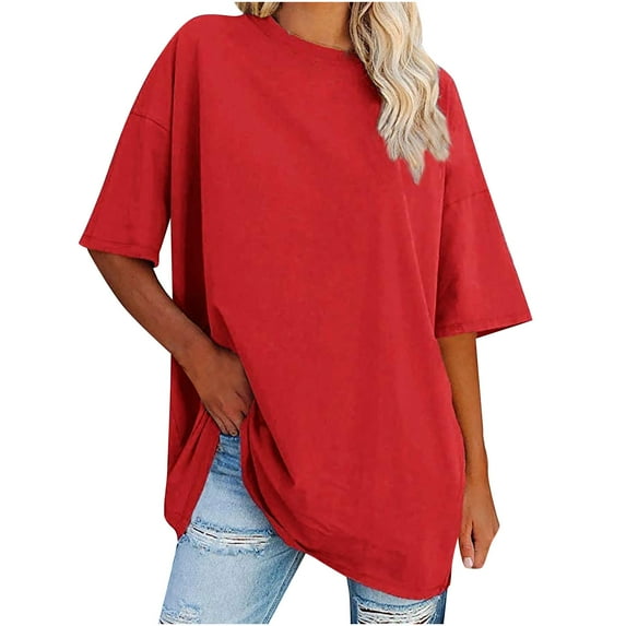 pstuiky T-Shirts Shirts for Women, Women Top Cotton Belted Short Sleeve V-Neck Top Solid Color Loose Half Sleeve T-Shirt Summer Top Leisure Red XL