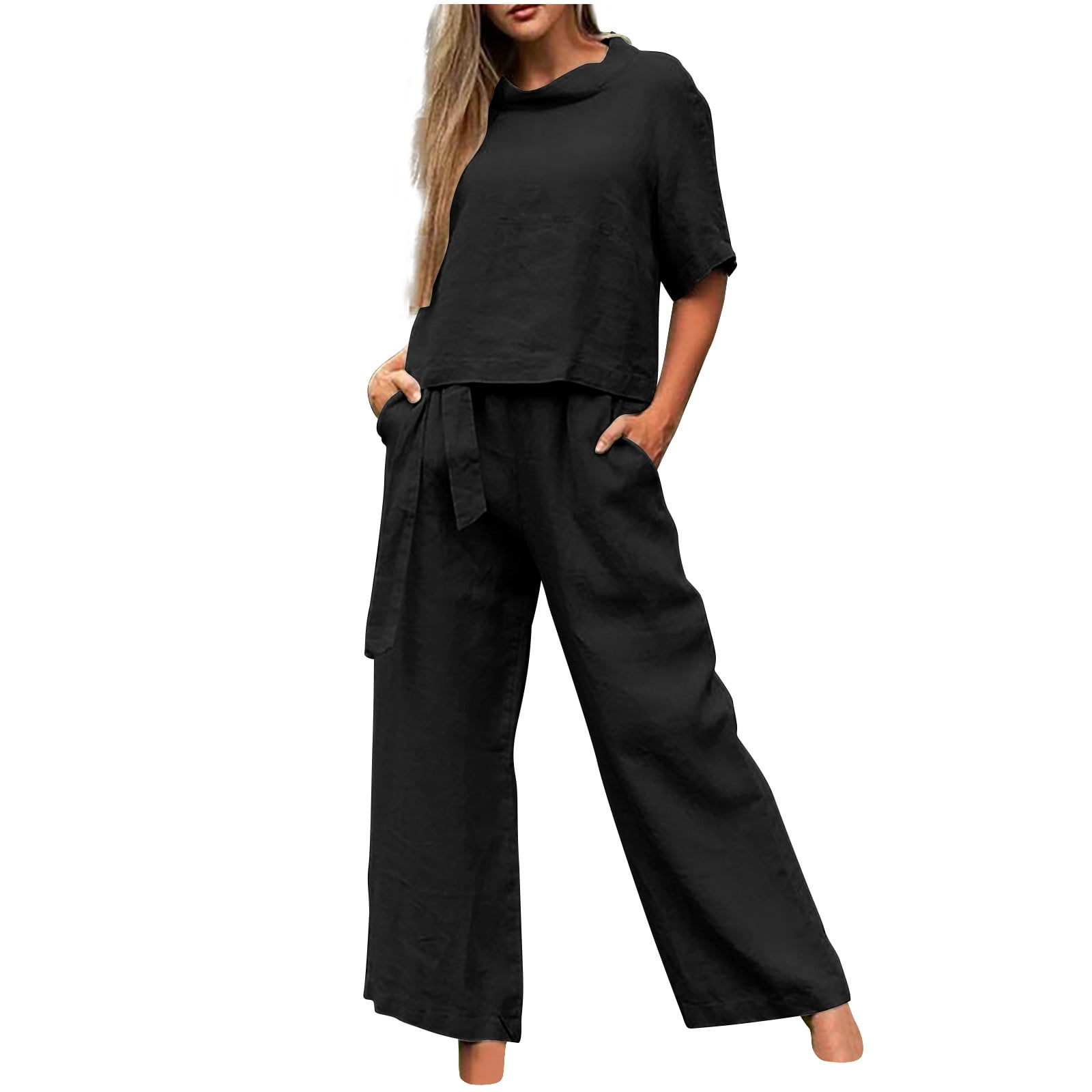 Pure Color Loose Long Round Neck Casual Two-Piece Suit main image 1