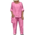 thumbnail image 1 of Up to 60% Off! pstuiky Two Piece Summer Sets, Women Solid Color Cotton Linen Suit Long Sleeve Crew-Neck Blouse Pant Suit Loose Casual Suit Leisure Pink S, 1 of 6