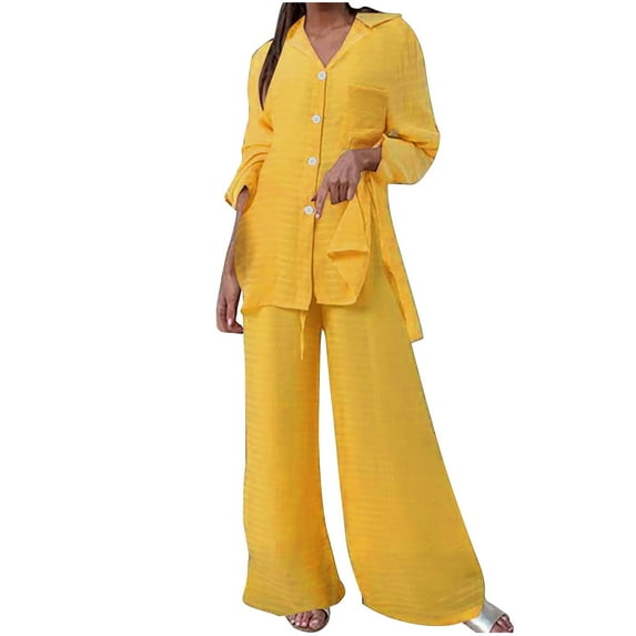 Up to 60% Off! pstuiky Two Piece Summer Sets, Women Solid Color Cotton Linen Suit Long Sleeve Crew-Neck Blouse Pant Suit Loose Casual Suit Leisure Yellow L