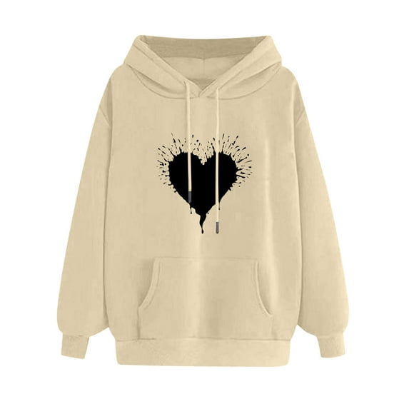 Up to 60% Off! pstuiky Women's Hoodie, Women Heart Printed Hoodie Long Sleeve Jumper Hoodie Sweatshirt Top Hoodie Drawstring with Pocket Leisure Beige XL