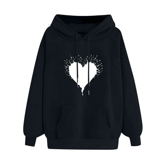 pstuiky Women's Hoodie, Women Heart Printed Hoodie Long Sleeve Jumper Hoodie Sweatshirt Top Hoodie Drawstring with Pocket Leisure Black L