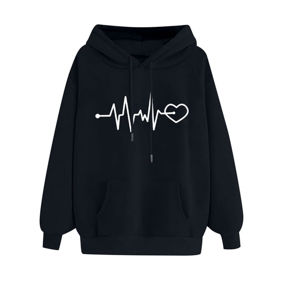 Up to 60% Off! pstuiky Women's Hoodie, Women Heart Printed Hoodie Long Sleeve Jumper Hoodie Sweatshirt Top Hoodie Drawstring with Pocket Leisure Black S