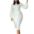thumbnail image 1 of Up to 60% Off! pstuiky Womens Dresses, Women Solid Color Lantern Sleeve Dress Long Sleeve Crew Neck Dress Maxi Dress Party Dress Leisure Clearance White XL, 1 of 5