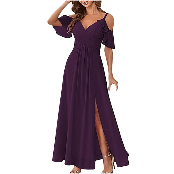 pstuiky Womens Dresses, Women Solid Color Sleeveless Halter Dress High Waist Drop Shoulder Pleat Dress High Slit and Ankle Dress Dinner Dress Leisure Purple S