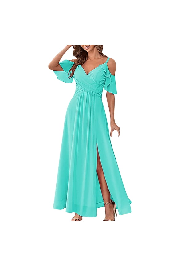 Womens Dresses, Women Solid Color Sleeveless Halter Dress High Waist Drop Shoulder Pleat Dress High Slit and Ankle Dress Dinner Dress Leisure Green S